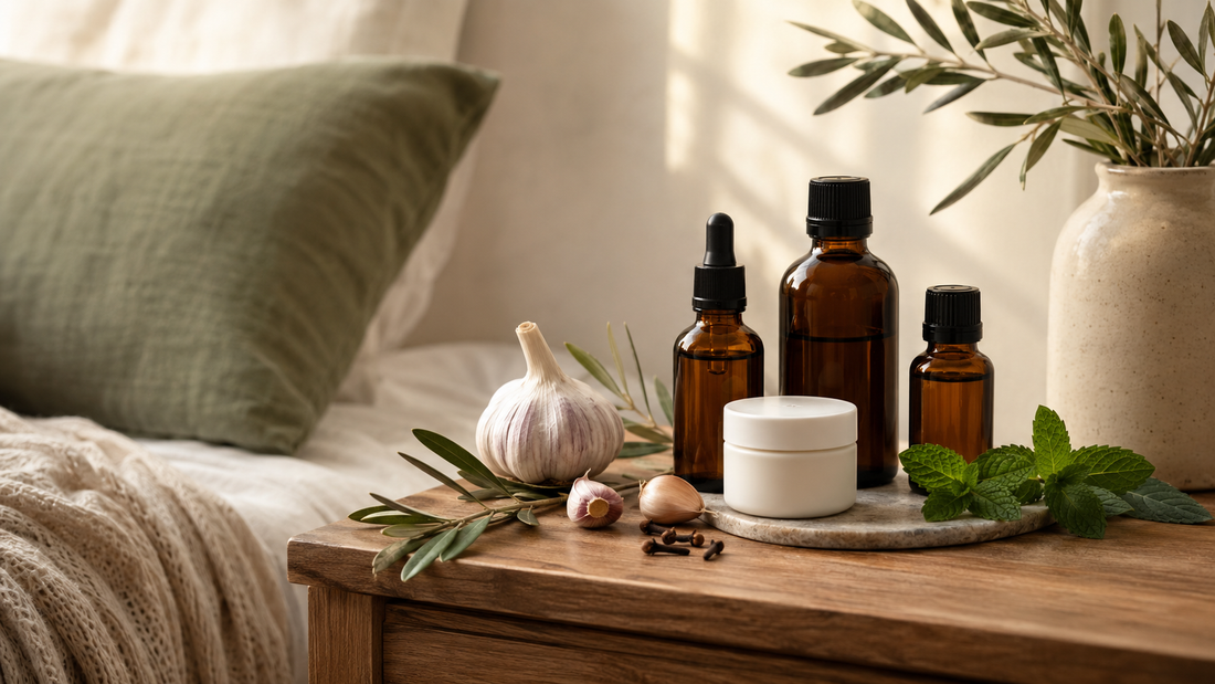 Natural wellness bottles with garlic, clove, olive and peppermint