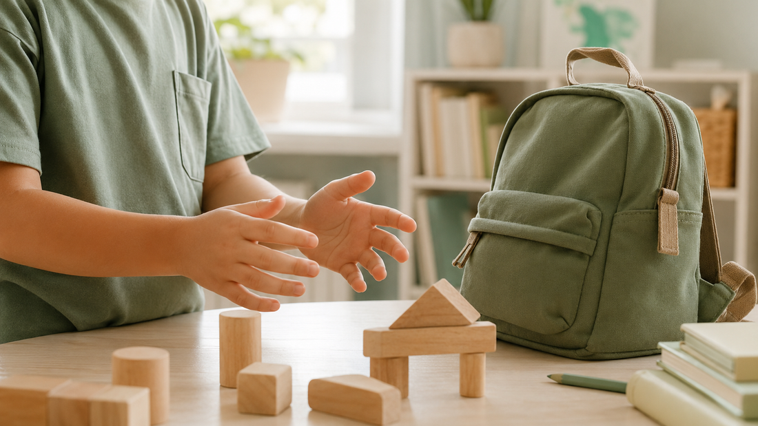 Child's hands, backpack and toys illustrating everyday spread