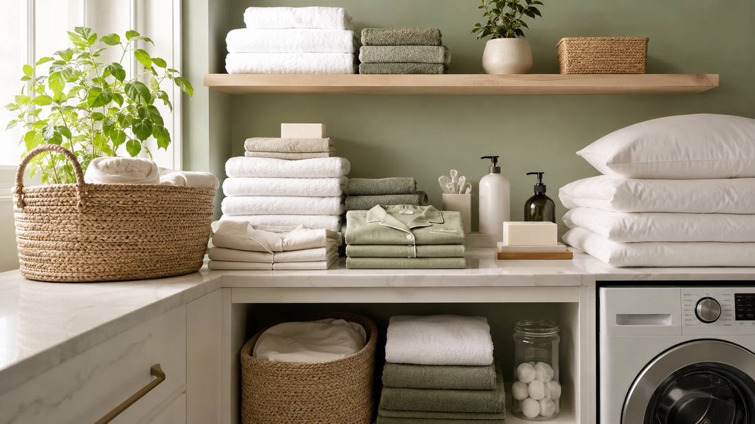 Clean laundry, towels, pajamas and bedding
