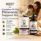 Complete 30-day pinworm support kit with PIN-HERBS and ParaHerb Liquid for kids and adults