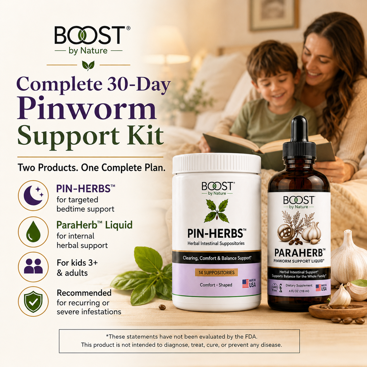 Complete 30-day pinworm support kit with PIN-HERBS and ParaHerb Liquid for kids and adults