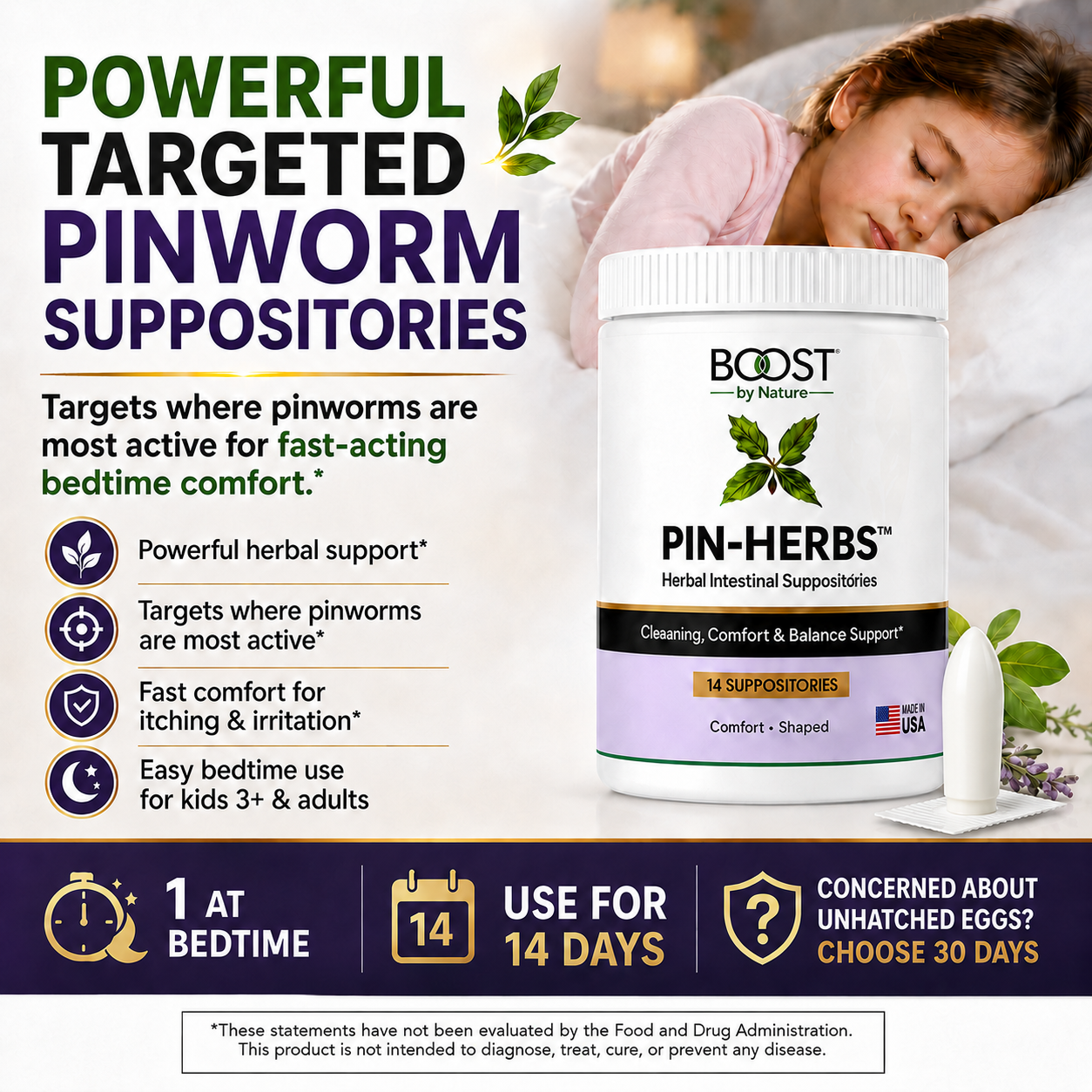 Powerful targeted PIN-HERBS pinworm suppositories with bedtime comfort guidance