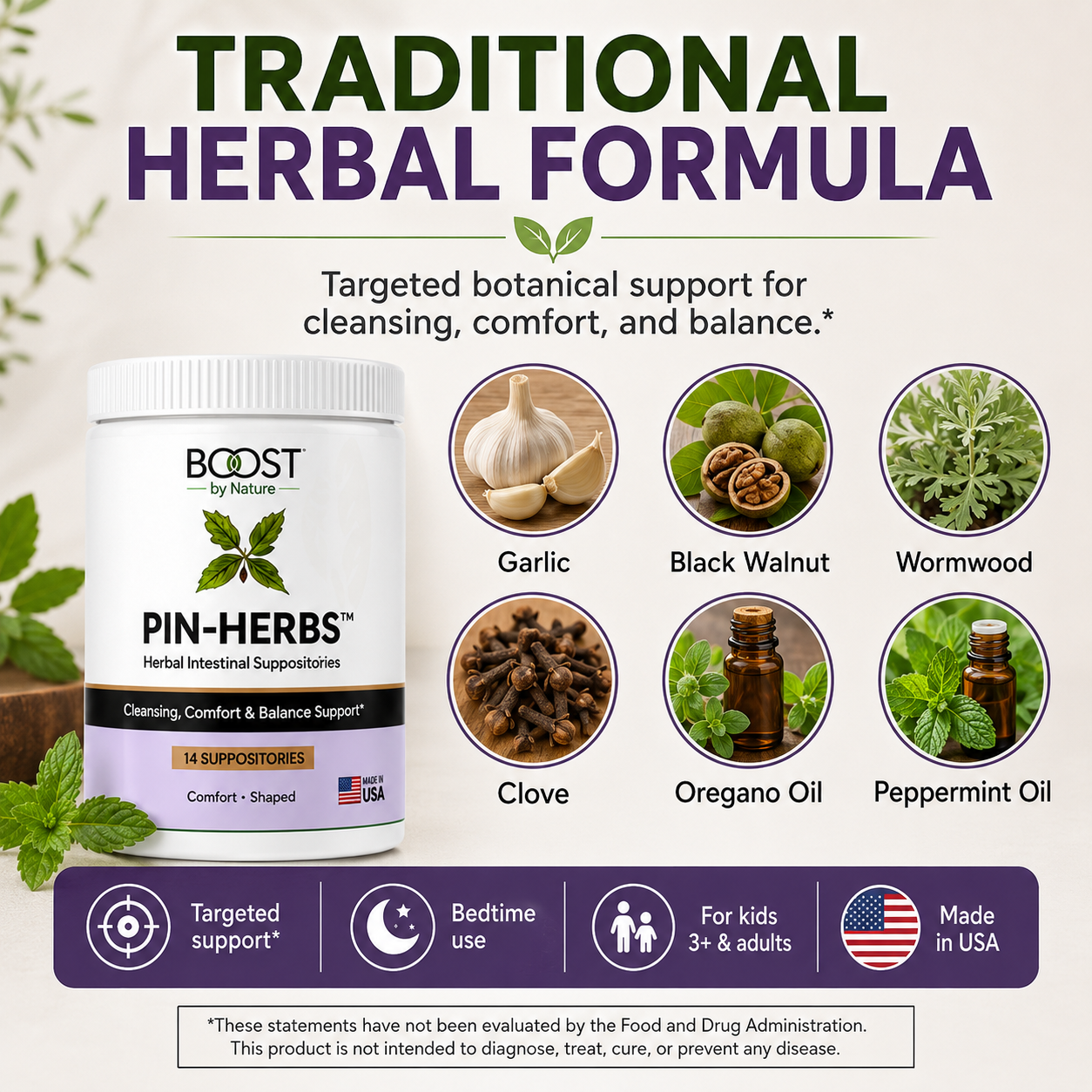 PIN-HERBS traditional herbal formula with garlic black walnut wormwood clove oregano and peppermint