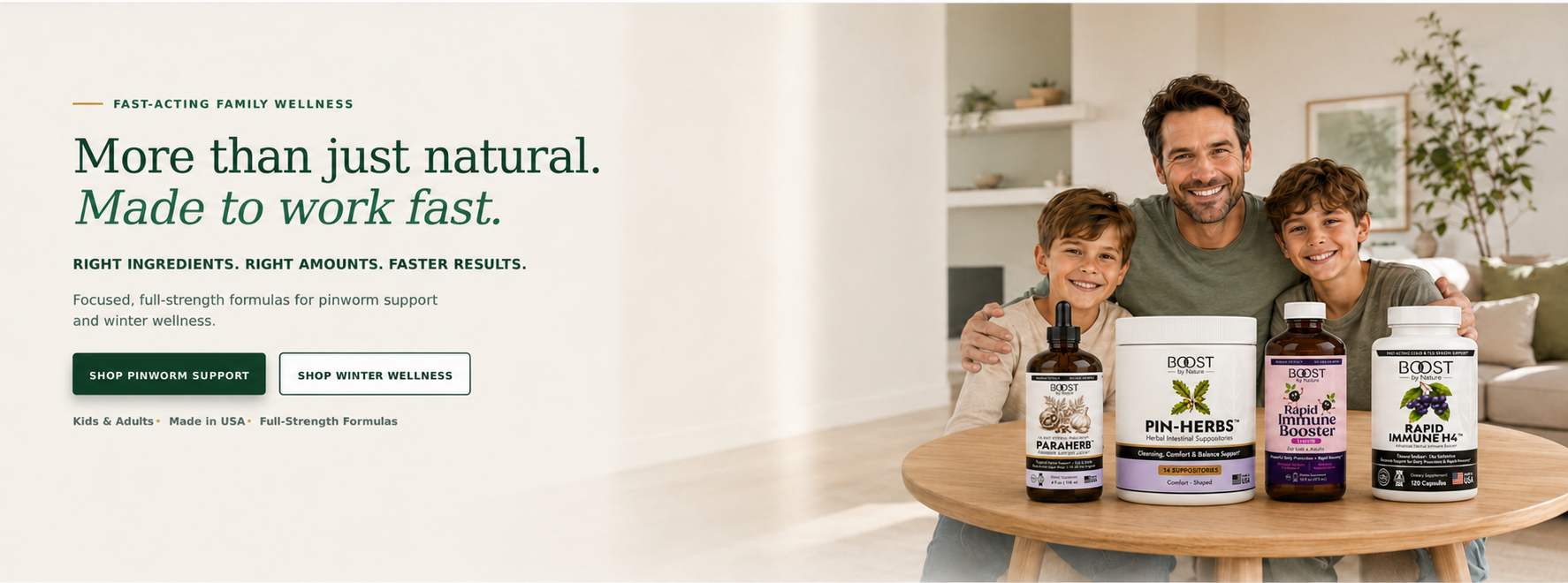 Boost by Nature fast-acting family wellness with pinworm support and winter wellness products