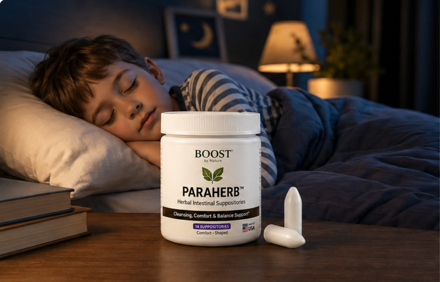 ParaHerb suppositories on a bedside table beside a sleeping child