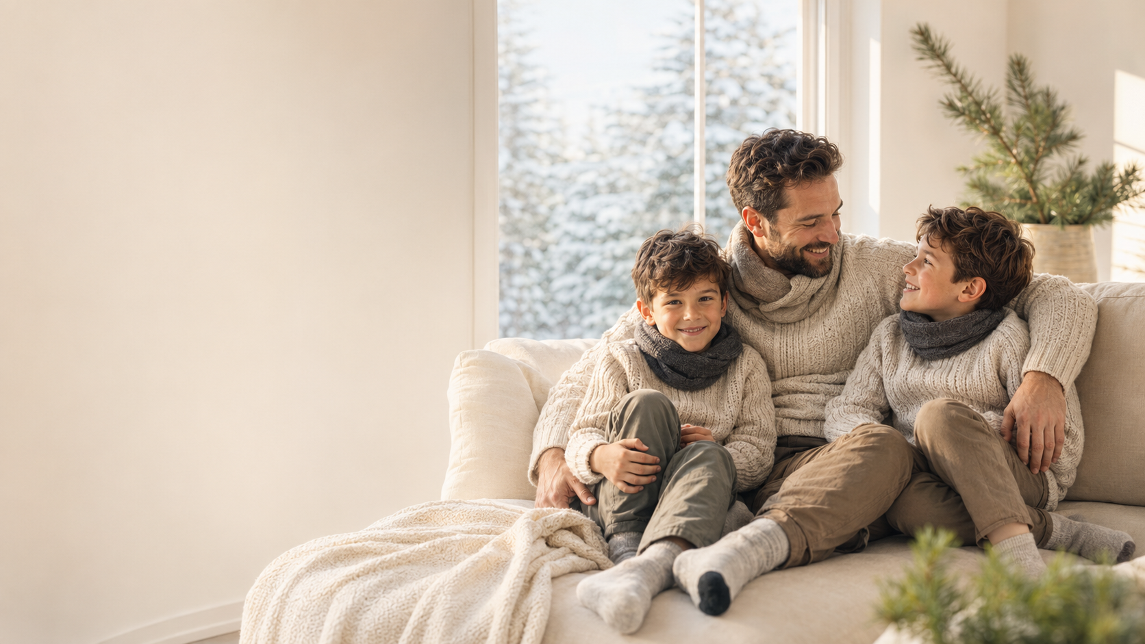 Father and two sons enjoying a warm winter day at home
