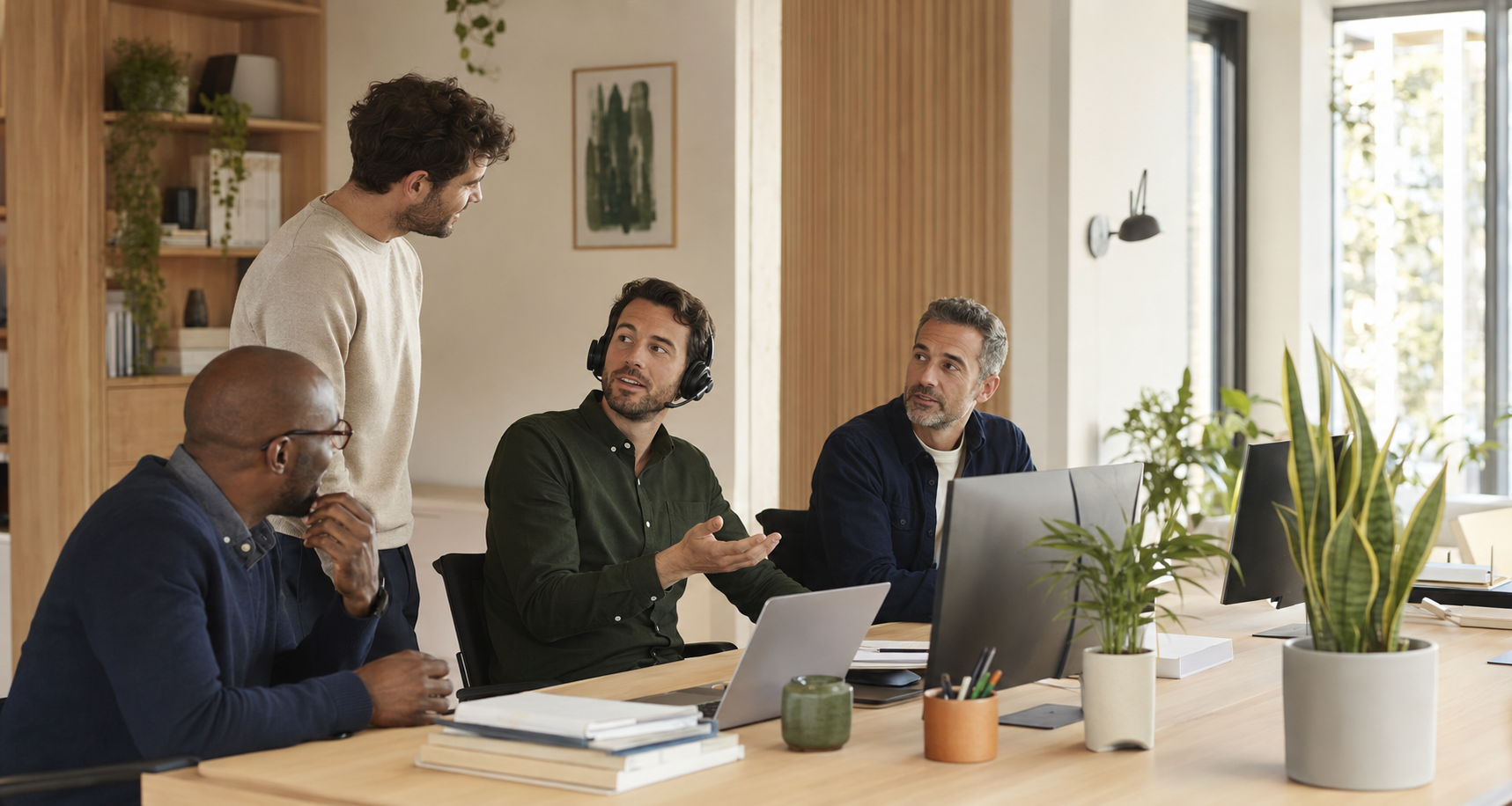 Customer-care team working together in a bright office